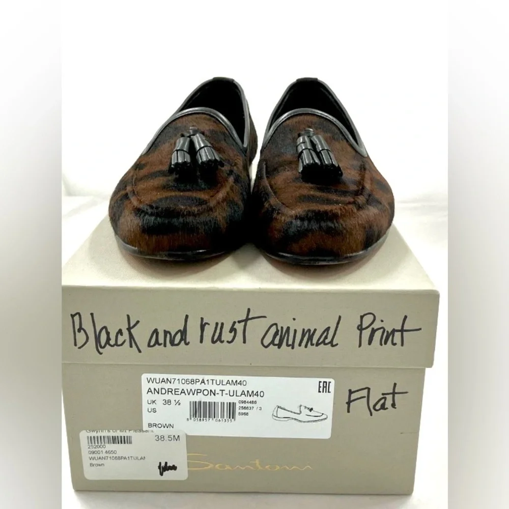 Santoni Brown and Black Animal Print Flats tassel Loafers - Picture 2 of 6